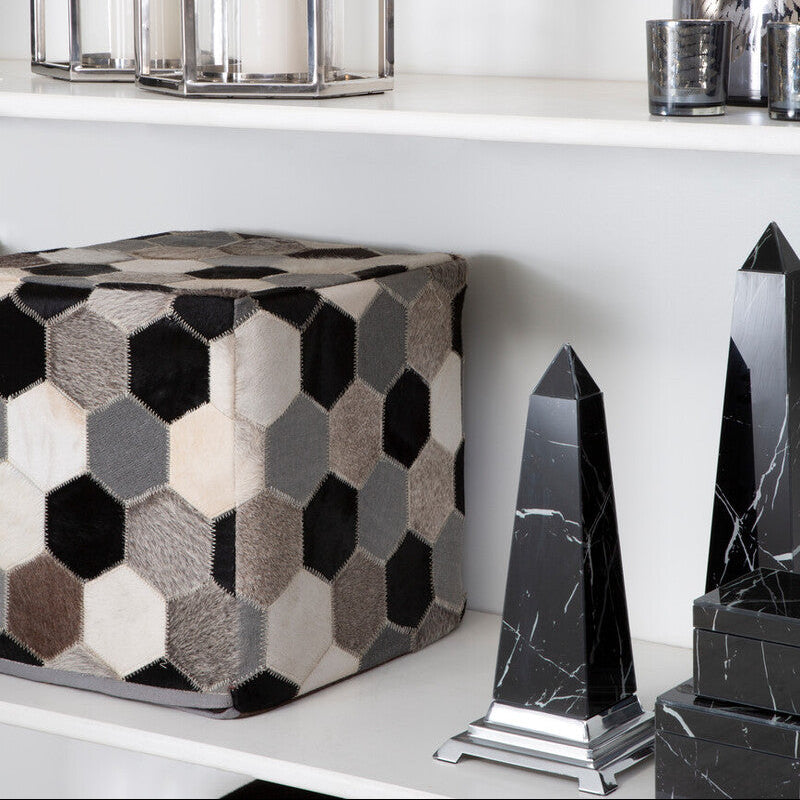Orsina Safira Leather Patchwork Pouffe – Hand-Stitched Cowhide Ottoman
