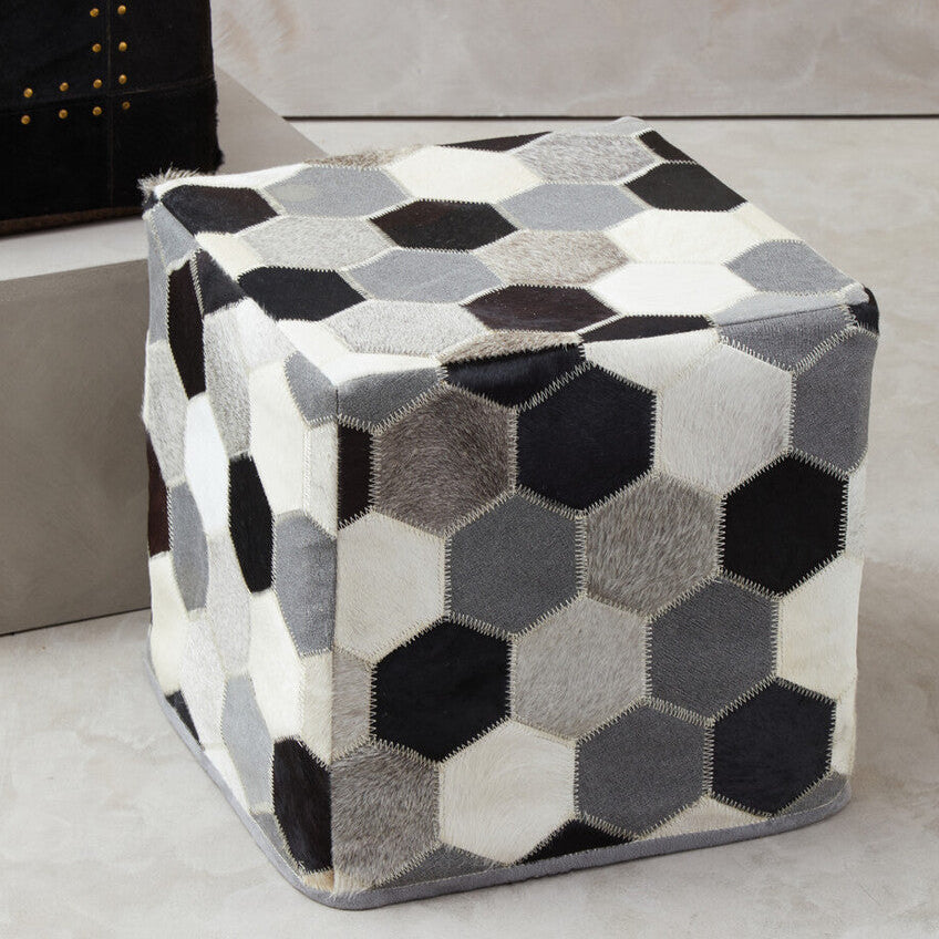 Orsina Safira Leather Patchwork Pouffe – Hand-Stitched Cowhide Ottoman
