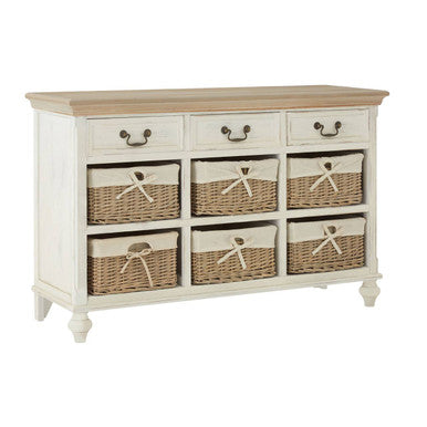 Orsina Hendra Storage Cabinet – Weathered White with 6 Willow Baskets