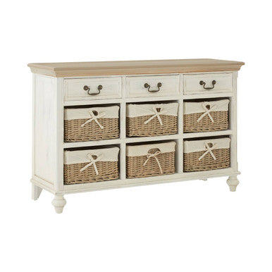 Orsina Hendra Storage Cabinet – Weathered White with 6 Willow Baskets