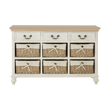 Orsina Hendra Storage Cabinet – Weathered White with 6 Willow Baskets