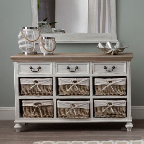 Orsina Hendra Storage Cabinet – Weathered White with 6 Willow Baskets