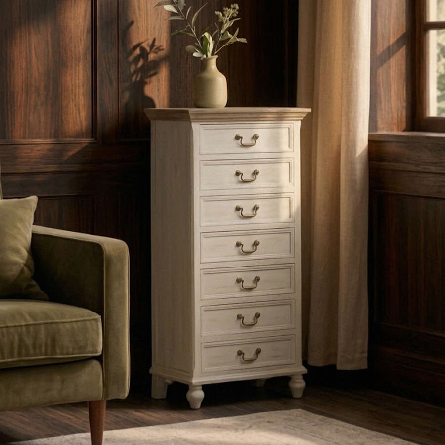 Orsina Hendra Antique Style 7 Drawer Chest – Natural and Cream Wood