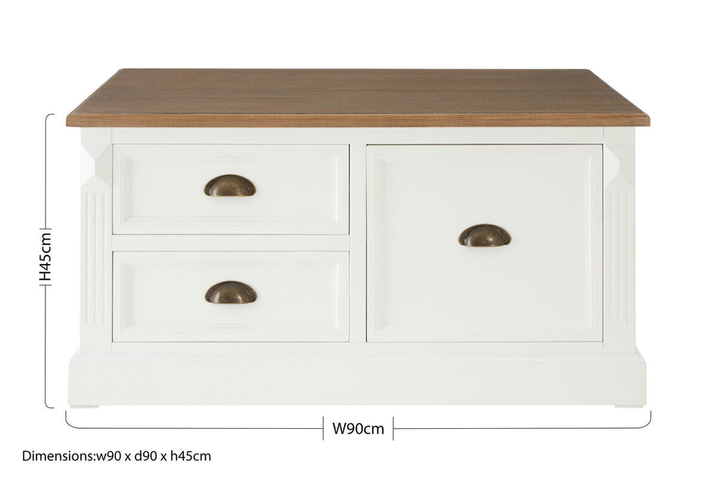 Orsina Hardwick Square Coffee Table – Fir Wood Top with 3 Drawers