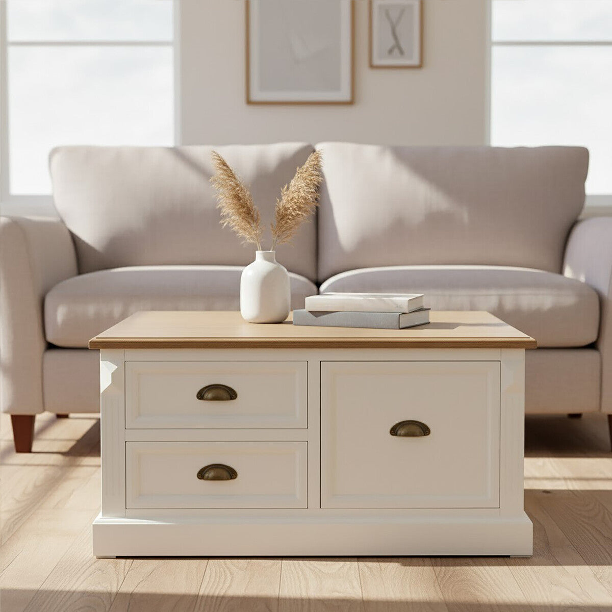 Orsina Hardwick Square Coffee Table – Fir Wood Top with 3 Drawers