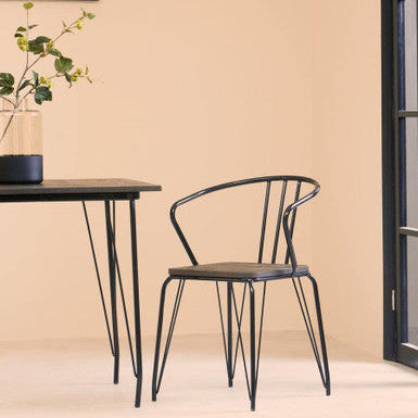 Orsina District Armchair – Industrial Black Metal and Elm Wood Dining Chair