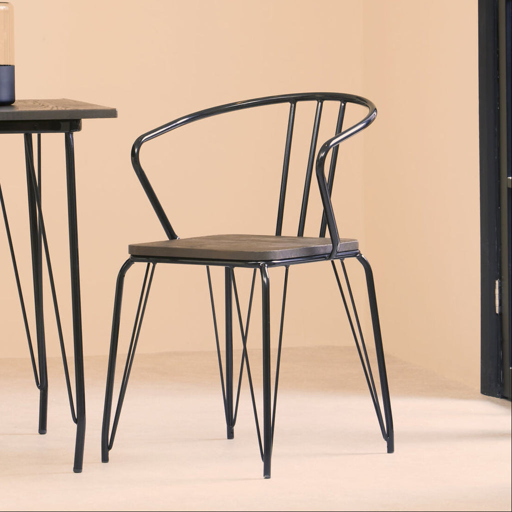 Orsina District Armchair – Industrial Black Metal and Elm Wood Dining Chair
