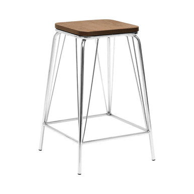 Orsina District Square Bar Stool – Chrome Metal and Elm Wood Seat