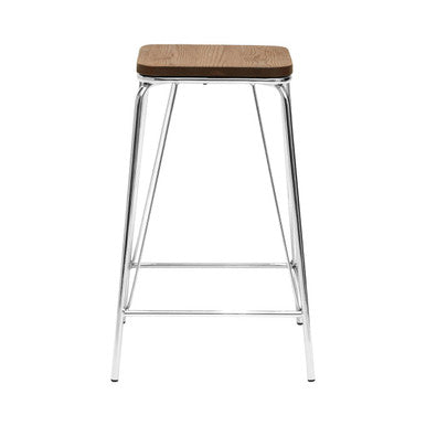 Orsina District Square Bar Stool – Chrome Metal and Elm Wood Seat
