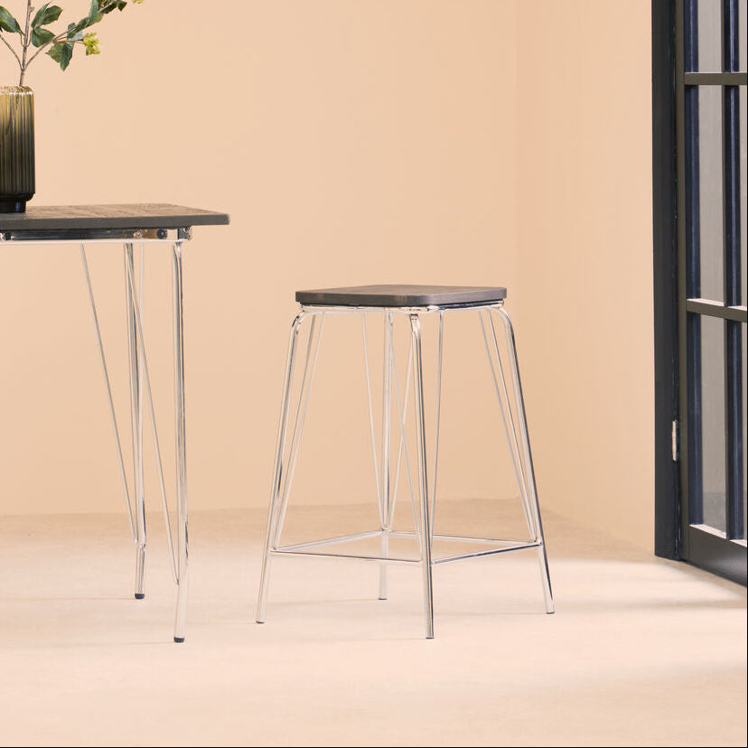 Orsina District Square Bar Stool – Chrome Metal and Elm Wood Seat