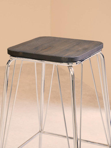 Orsina District Square Bar Stool – Chrome Metal and Elm Wood Seat