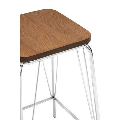 Orsina District Square Bar Stool – Chrome Metal and Elm Wood Seat