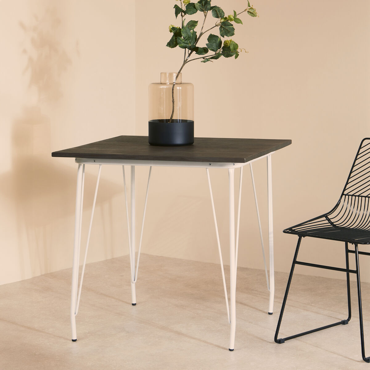 Orsina District Square Dining Table | Elm Wood Top & White Metal Legs
