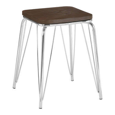 Orsina District Industrial Elm Wood and Chrome Metal Small Stool