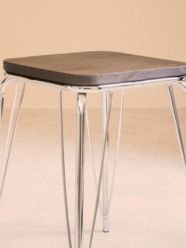 Orsina District Industrial Elm Wood and Chrome Metal Small Stool