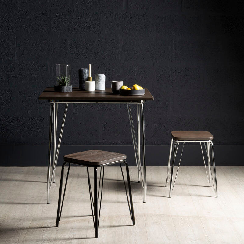 Orsina District Industrial Elm Wood and Chrome Metal Small Stool
