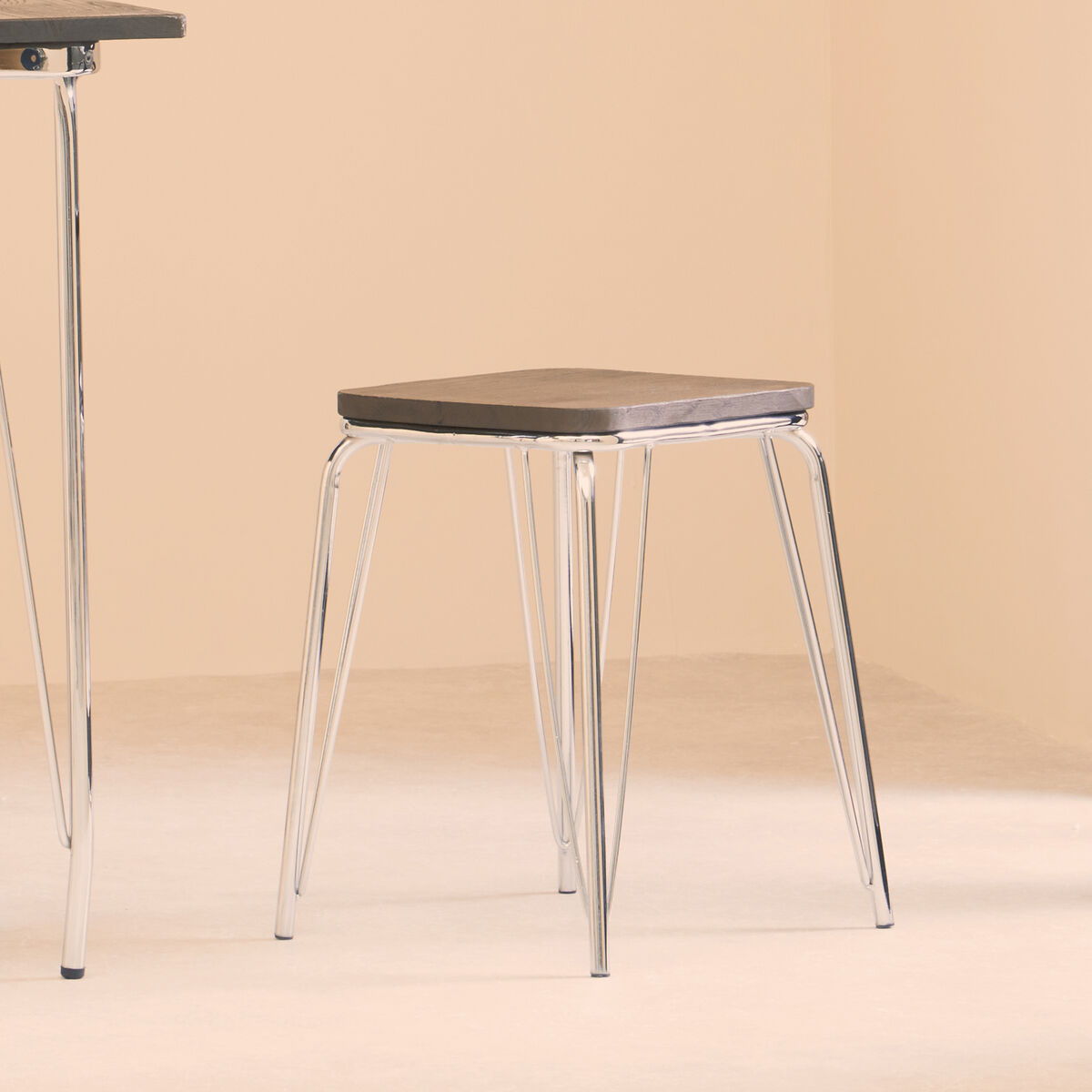 Orsina District Industrial Elm Wood and Chrome Metal Small Stool