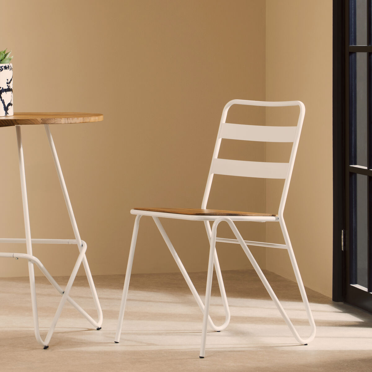 Orsina District Metal Dining Chair – White Frame with Elm Wood Seat