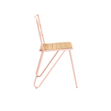 Orsina District Pink Metal Dining Chair with Natural Elm Wood Seat