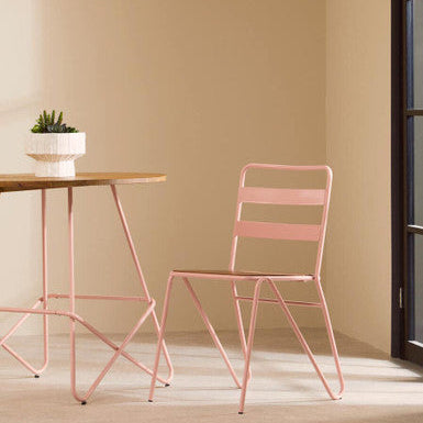 Orsina District Pink Metal Dining Chair with Natural Elm Wood Seat