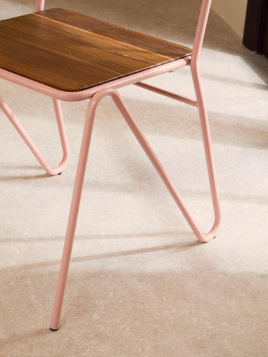 Orsina District Pink Metal Dining Chair with Natural Elm Wood Seat