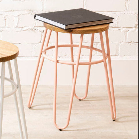 Orsina District Hairpin Stool – Pink Metal and Elm Wood Kitchen Seat
