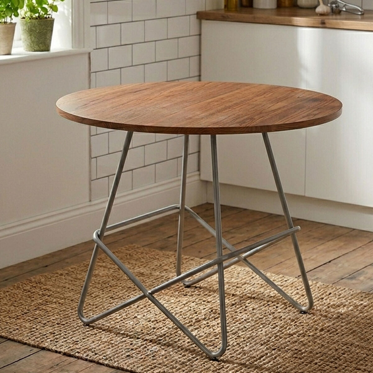 Orsina District Round Dining Table – Natural Elm Wood & Grey Metal