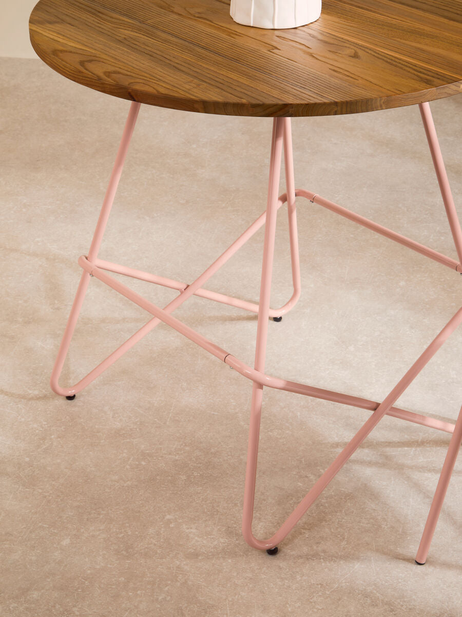 Orsina Round Dining Table – Pink Metal and Natural Elm Wood