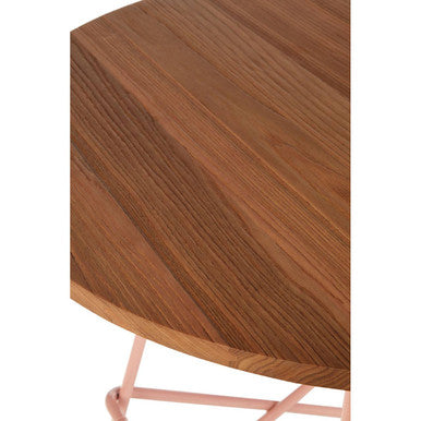 Orsina Round Dining Table – Pink Metal and Natural Elm Wood