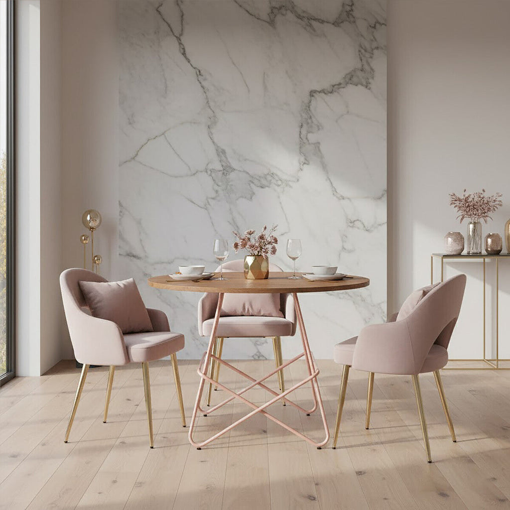 Orsina Round Dining Table – Pink Metal and Natural Elm Wood