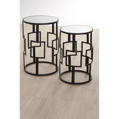 Orsina Avantis Nesting Tables – Set of 2 Black Square Mirrored Side Tables