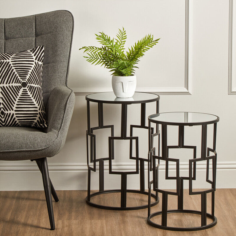 Orsina Avantis Nesting Tables – Set of 2 Black Square Mirrored Side Tables