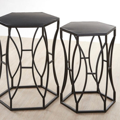 Orsina Black Metal Hexagon Side Tables – Geometric Industrial Set of 2