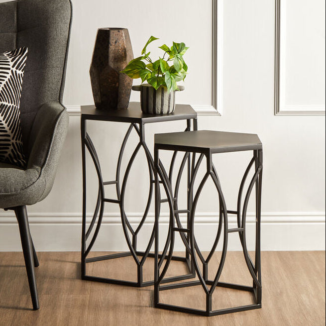 Orsina Black Metal Hexagon Side Tables – Geometric Industrial Set of 2