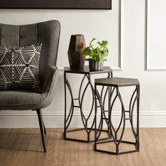 Orsina Black Metal Hexagon Side Tables – Geometric Industrial Set of 2