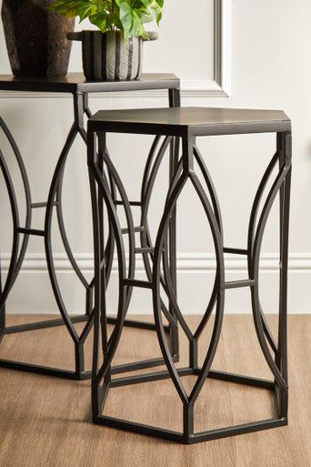 Orsina Black Metal Hexagon Side Tables – Geometric Industrial Set of 2