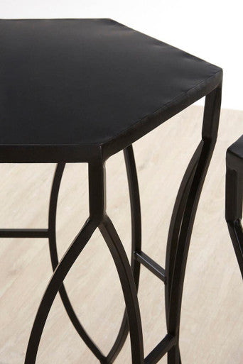 Orsina Black Metal Hexagon Side Tables – Geometric Industrial Set of 2