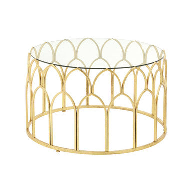 Orsina Merlin Round Glass Coffee Table | Gold Leaf Sculptural Frame