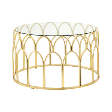 Orsina Merlin Round Glass Coffee Table | Gold Leaf Sculptural Frame