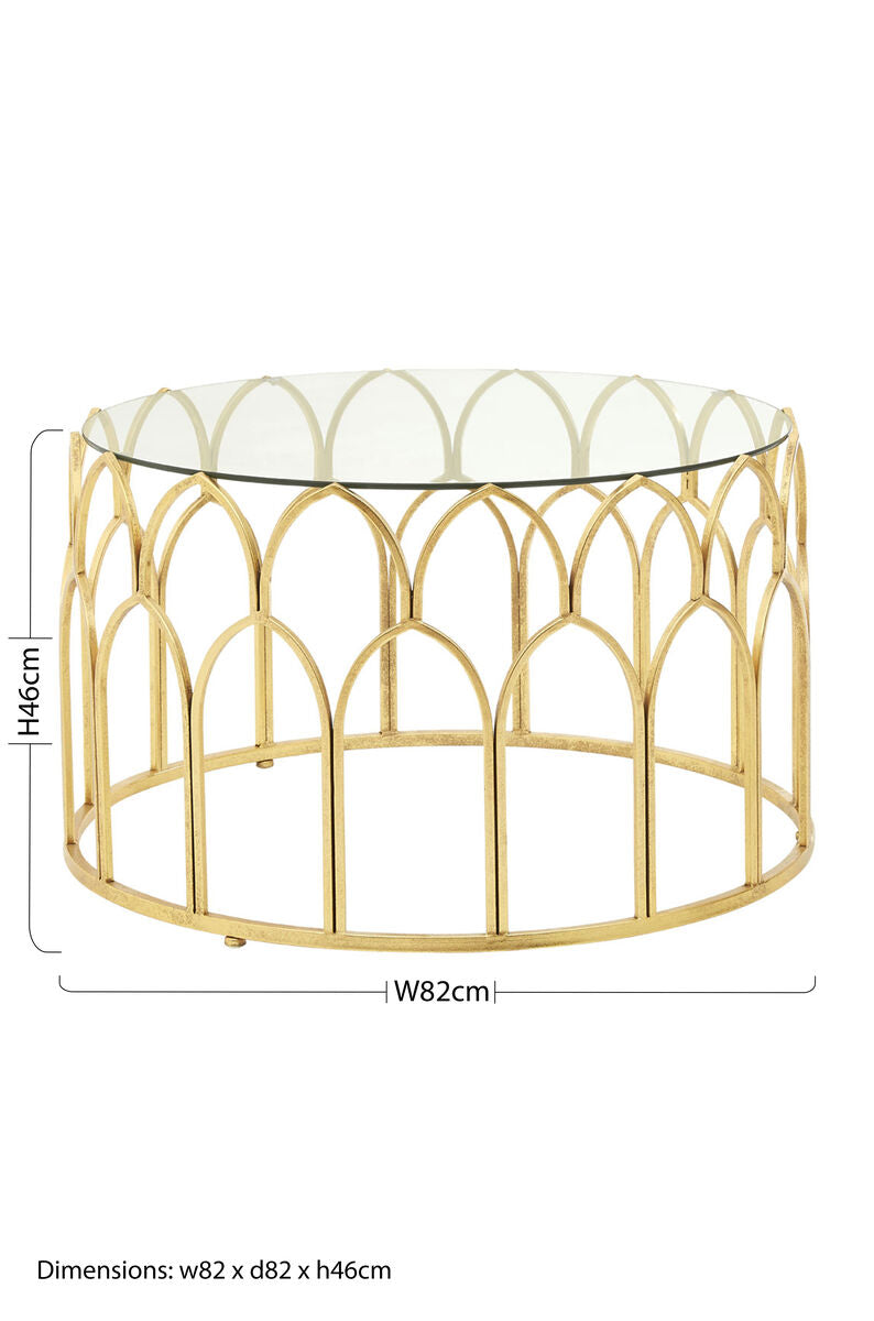 Orsina Merlin Round Glass Coffee Table | Gold Leaf Sculptural Frame