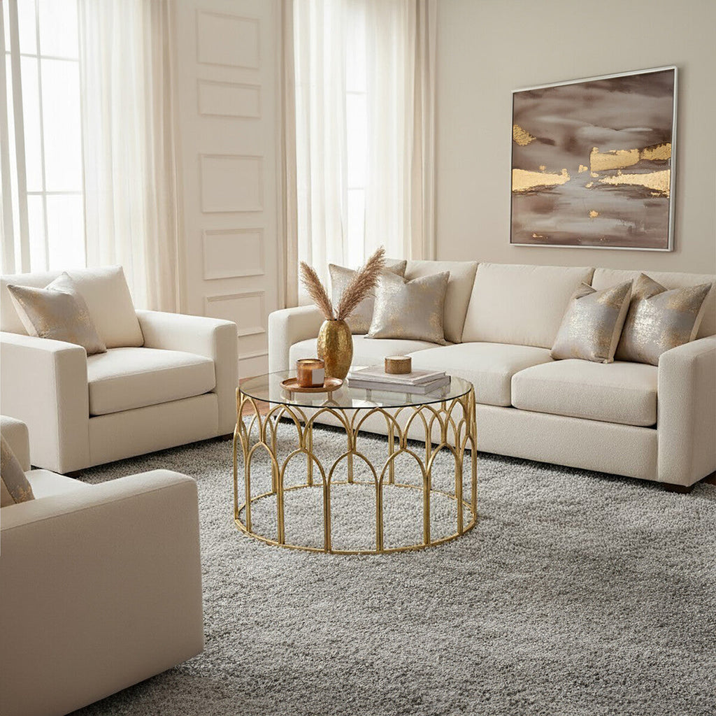 Orsina Merlin Round Glass Coffee Table | Gold Leaf Sculptural Frame