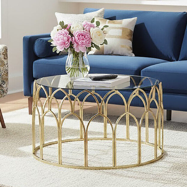 Orsina Merlin Round Glass Coffee Table | Gold Leaf Sculptural Frame