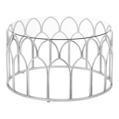 Orsina Merlin Round Glass Coffee Table – Silver Leaf Iron Frame