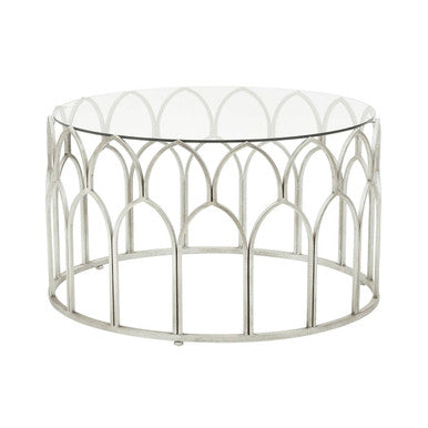 Orsina Merlin Round Glass Coffee Table – Silver Leaf Iron Frame