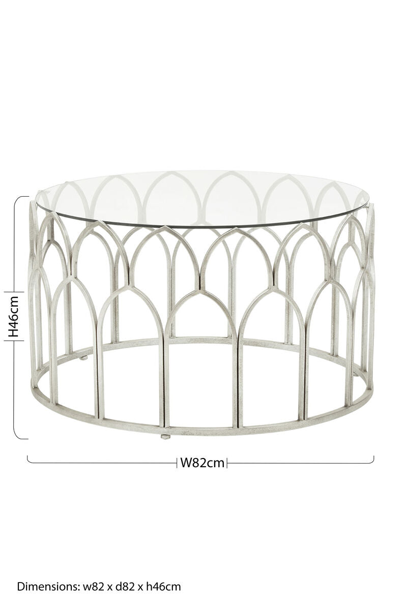 Orsina Merlin Round Glass Coffee Table – Silver Leaf Iron Frame