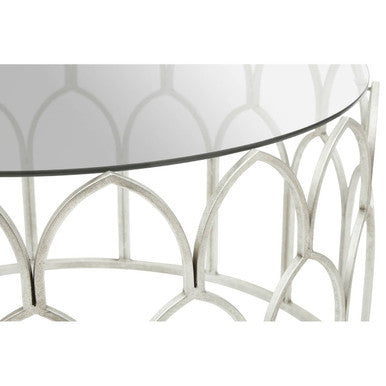Orsina Merlin Round Glass Coffee Table – Silver Leaf Iron Frame