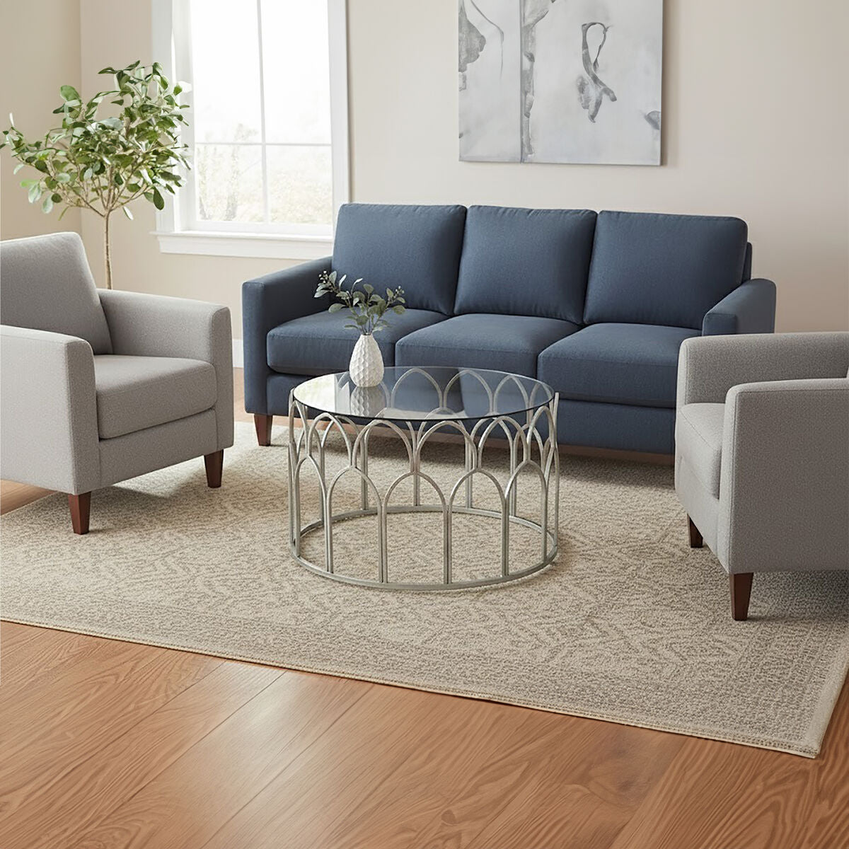 Orsina Merlin Round Glass Coffee Table – Silver Leaf Iron Frame