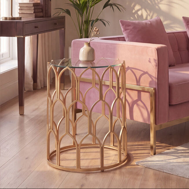 Orsina Merlin Gold Leaf Side Table – Geometric Glass Top End Table