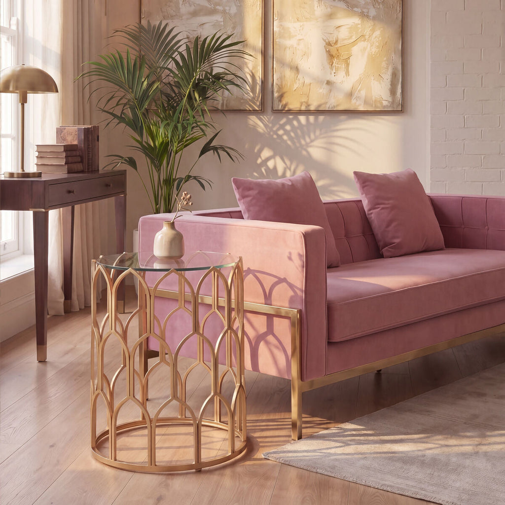Orsina Merlin Gold Leaf Side Table – Geometric Glass Top End Table