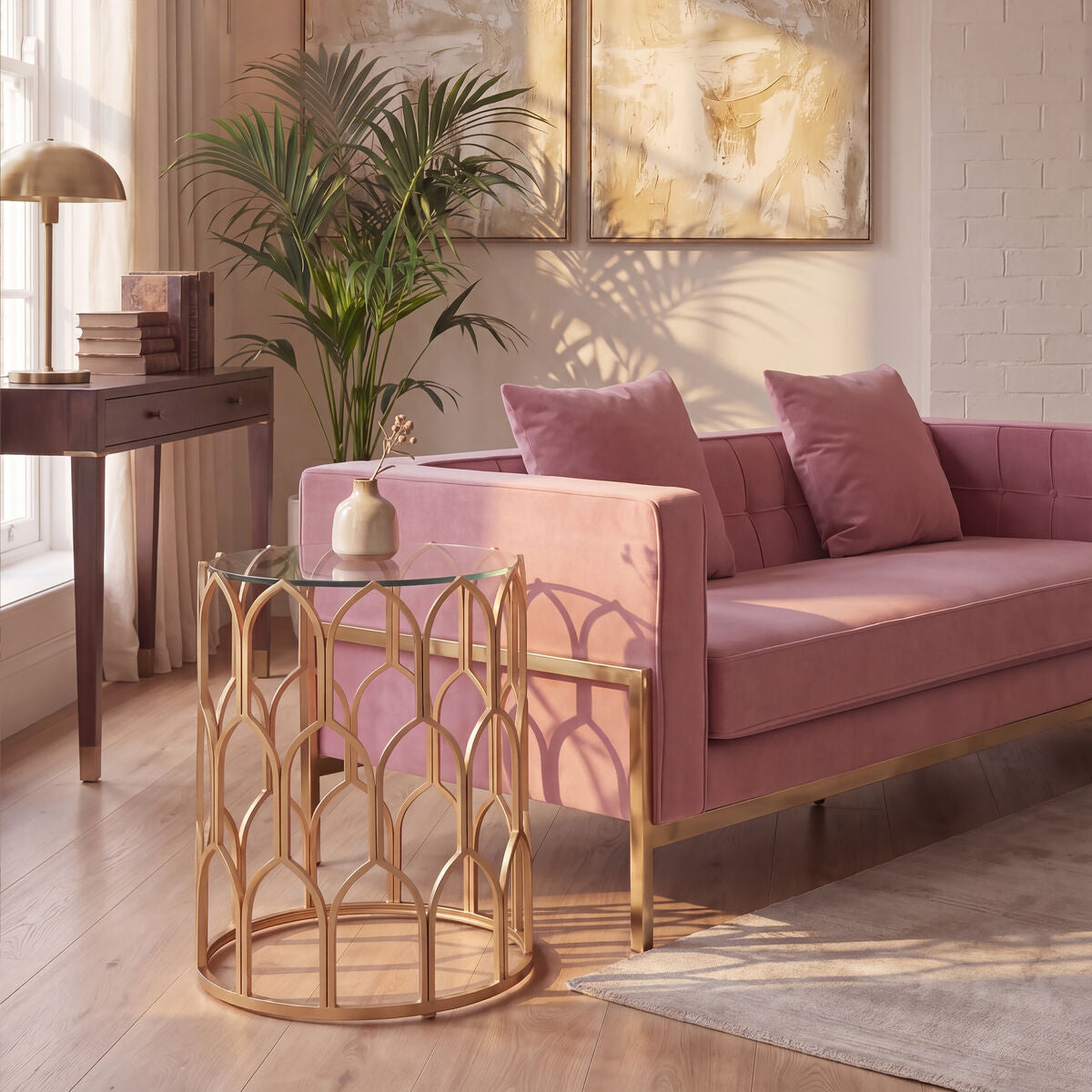 Orsina Merlin Gold Leaf Side Table – Geometric Glass Top End Table